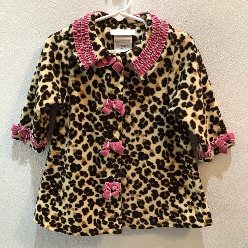 Bonnie Baby Girls Size 12 Months Leopard Print Pink Bows Fleece Coat 12M